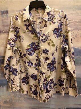 Chico's Cream Button-Down Shirt with Blue & Purple Floral Print